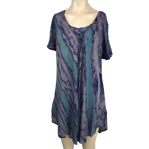 SAKKAS - WOMEN'S PLUS SIZE - BLUE/PURPLE SHORT SLEEVE ROUND BEADED DRESS - Picture 1 of 9
